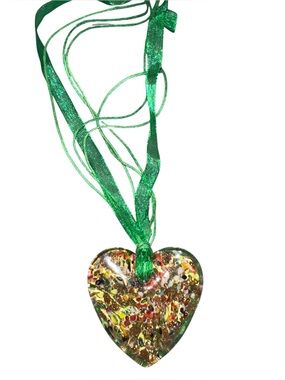 Handmade Multicolor Glass Heart Pendant Necklace with Green Ribbon
